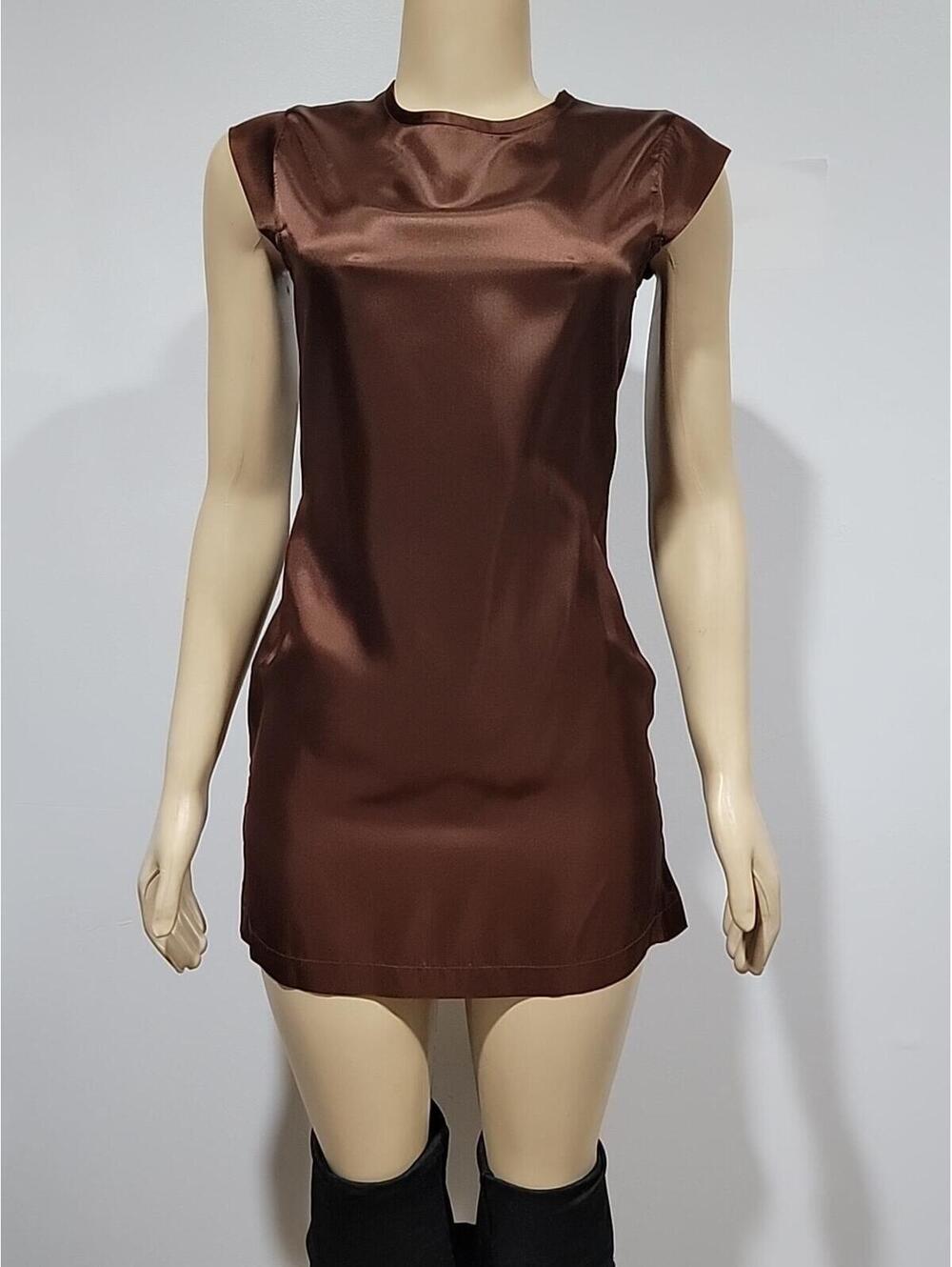 Cicci Women's Mini Dress XS Satin Brown Sleeveless Zip Back #CC